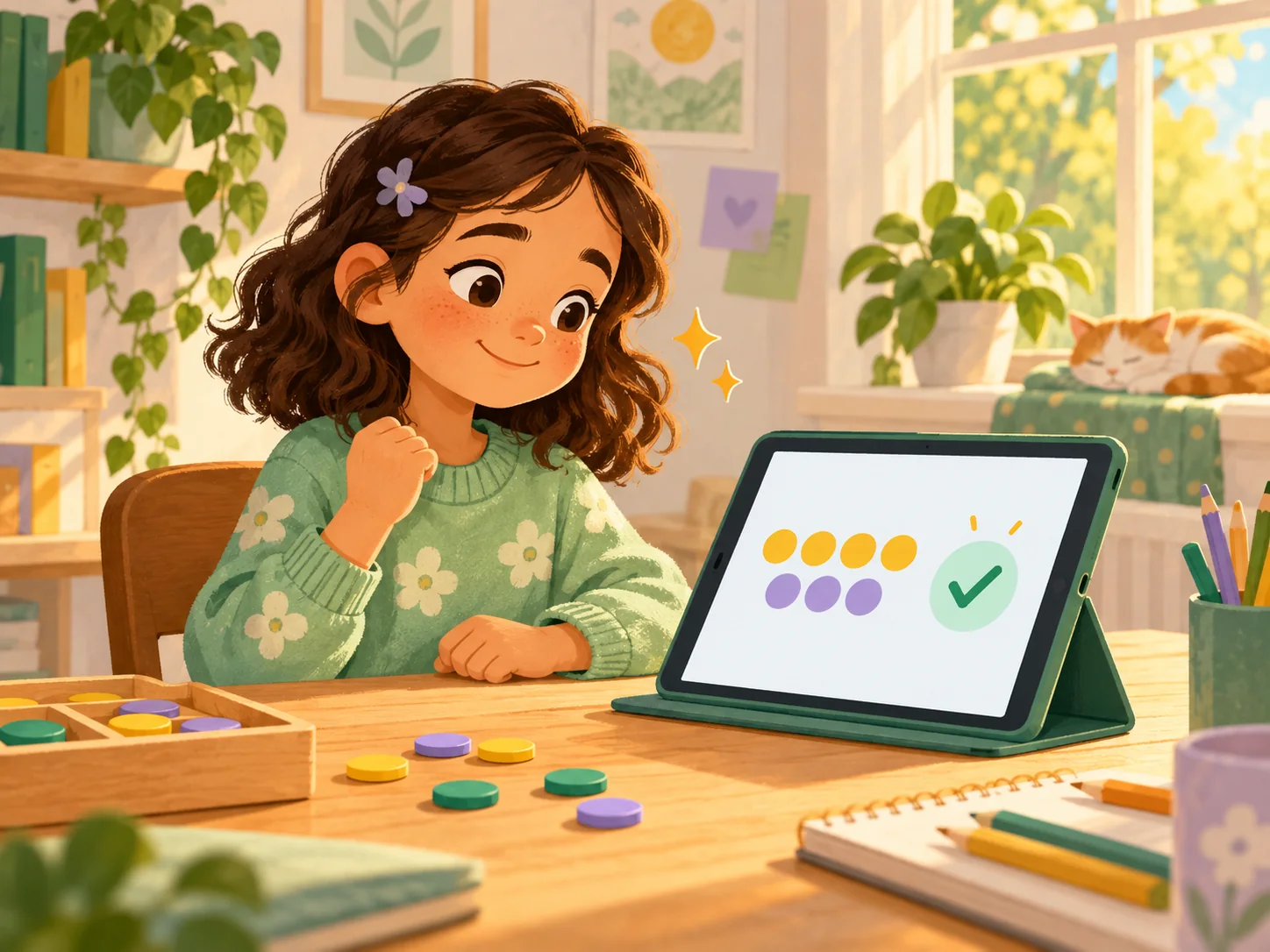 A child completes a short maths activity on a tablet and feels proud of the effort